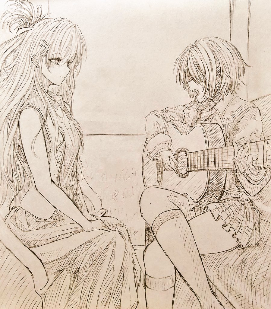 2girls, from_side, guitar, hair_ornament, hairpin, heaven_burns_red, holding, holding_guitar