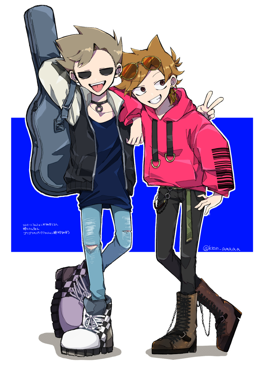 2boys, alternate_costume, animification, antenna_hair, arm_on_another's_shoulder, black_choker, black_jacket, black_pants