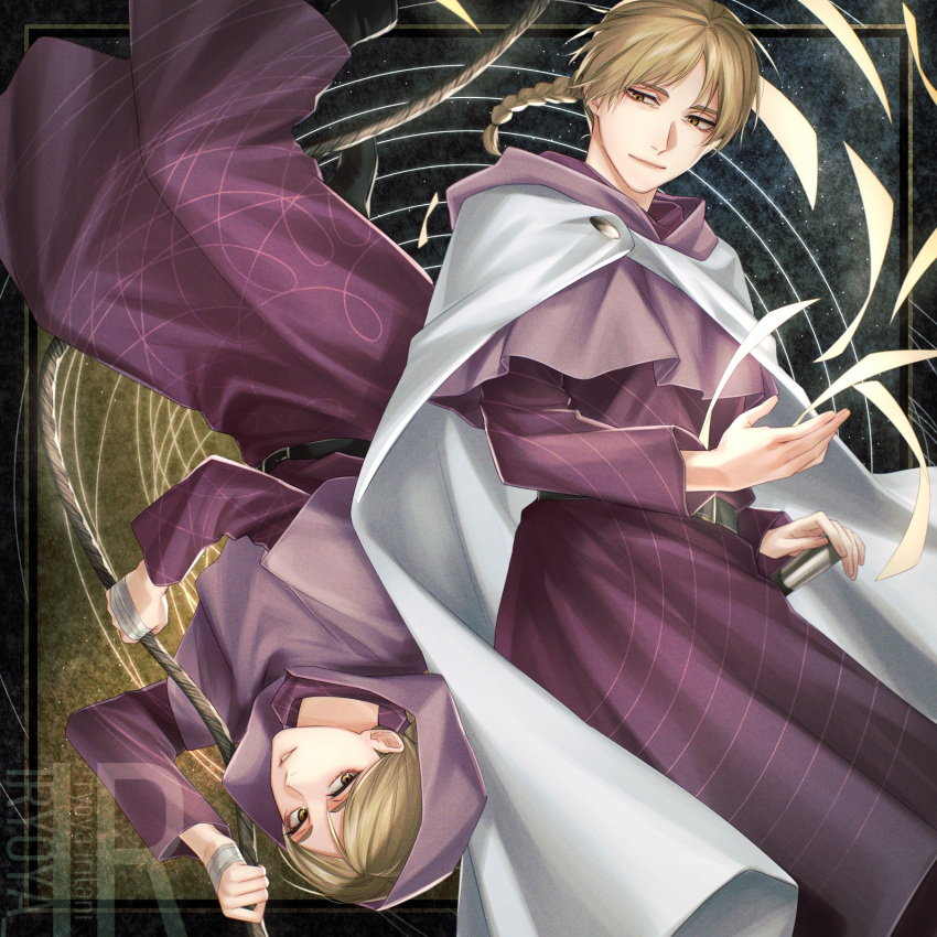 2girls, age_comparison, artist_logo, bandaged_hand, bandages, braid, braided_ponytail, brown_hair, cape, capelet, chi.:_chikyuu_no_undou_ni_tsuite, floating_hair, geocentrism, highres, holding, holding_rope, hood, hood_down, hood_up, iorbtyn, jolenta, logo, long_hair, looking_at_another, multiple_girls, pink_capelet, rope, white_cape