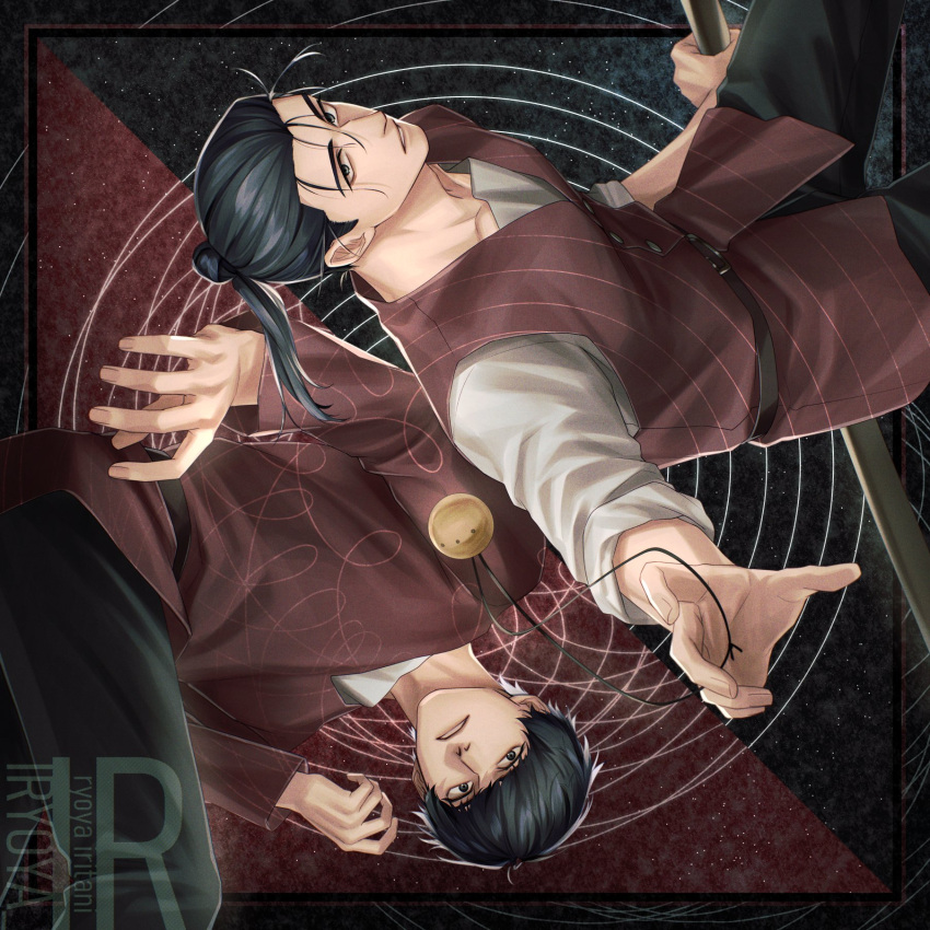 2boys, age_comparison, artist_logo, axe, belt, black_belt, black_hair, black_pants