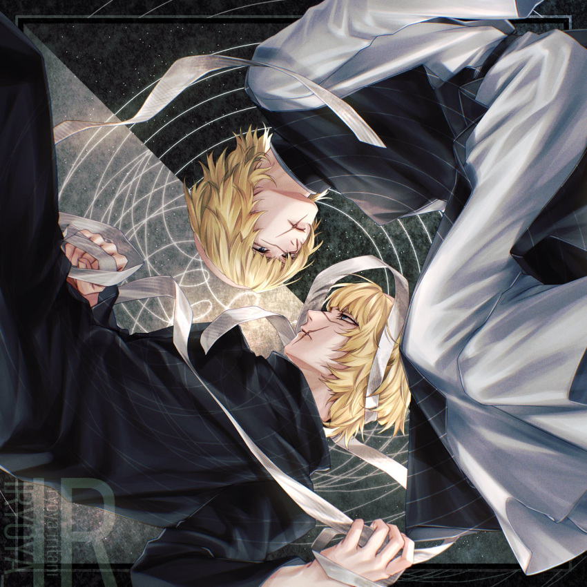 2boys, age_comparison, artist_logo, badeni, bandages, black_tabard, blonde_hair, chi.:_chikyuu_no_undou_ni_tsuite