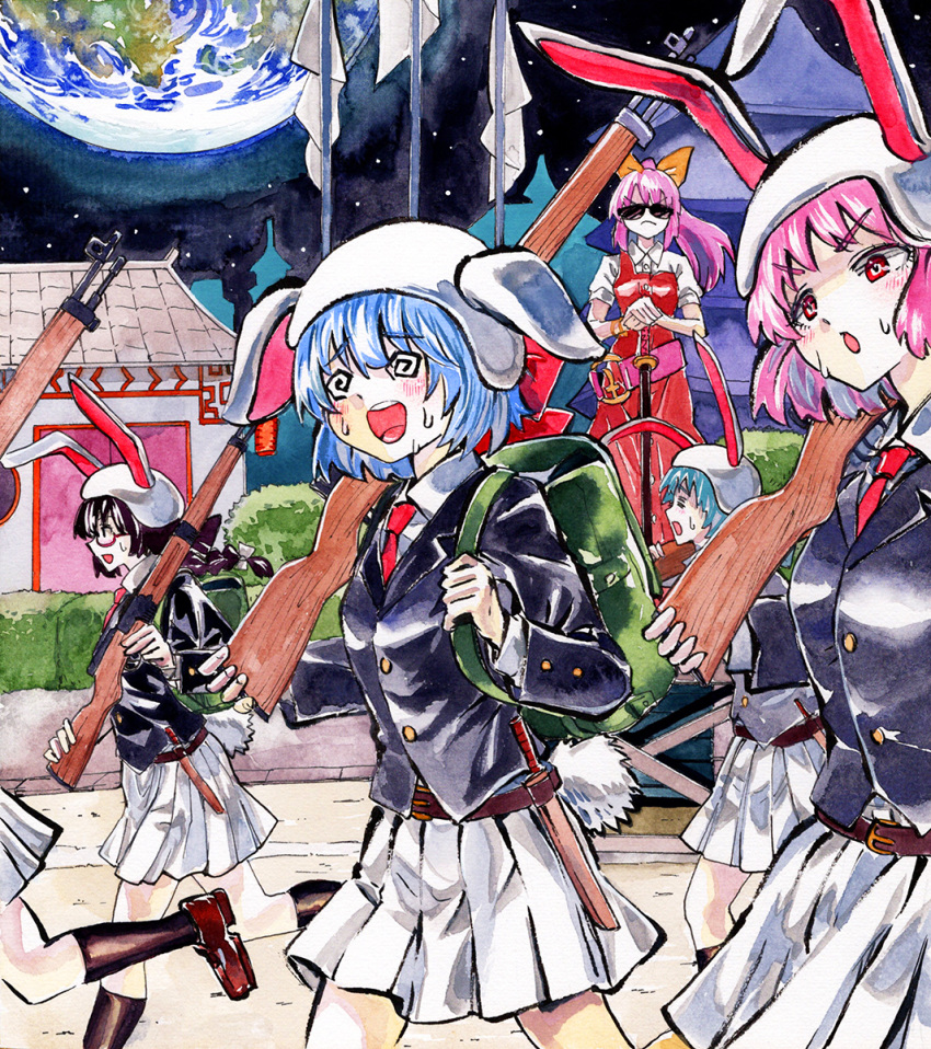 6+girls, @_@, animal_ears, belt, black_hair, black_jacket, blazer, blue_hair