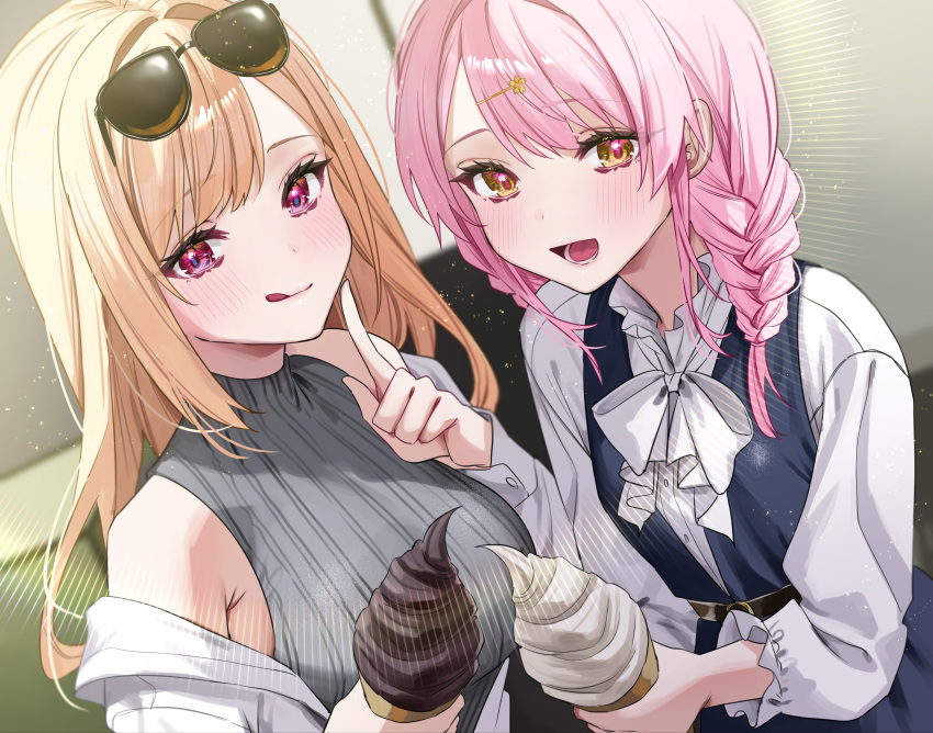 2girls, absurdres, bare_shoulders, belt, black_belt, blonde_hair, blush, bow