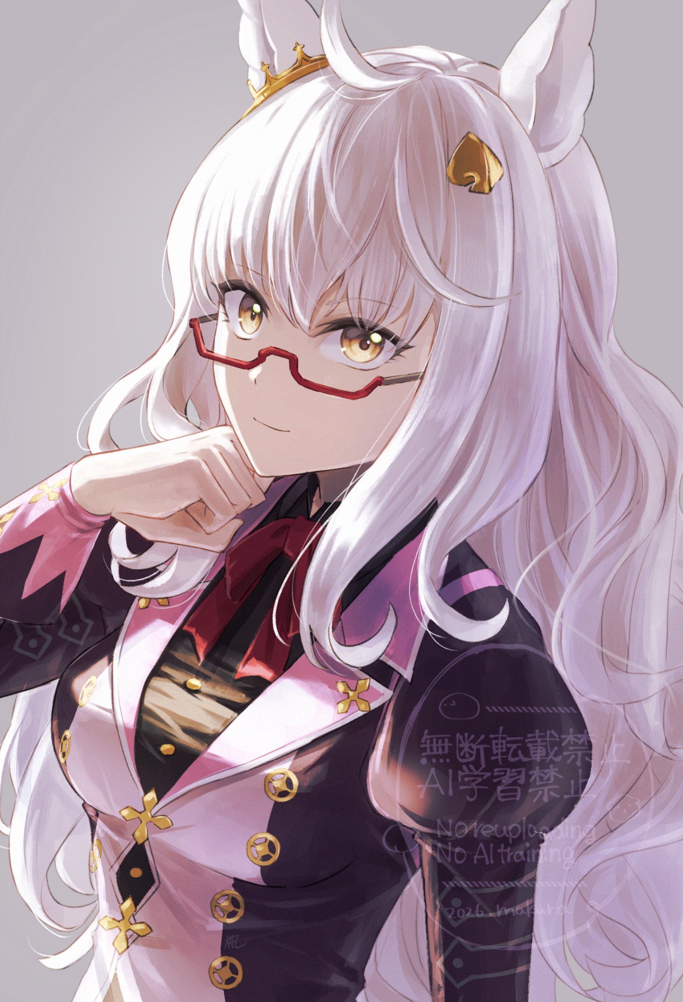 1girl, ahoge, animal_ears, biwa_hayahide_(pf._winning_equation...)_(umamusume), biwa_hayahide_(umamusume), black_shirt, bow, breasts, changmakura, closed_mouth, collared_shirt, ear_ornament, glasses, grey_hair, hair_ornament, highres, horse_ears, horse_girl, jacket, long_hair, looking_at_viewer, medium_breasts, purple_jacket, red-framed_eyewear, red_bow, semi-rimless_eyewear, shirt, simple_background, smile, solo, umamusume, under-rim_eyewear, upper_body, yellow_eyes