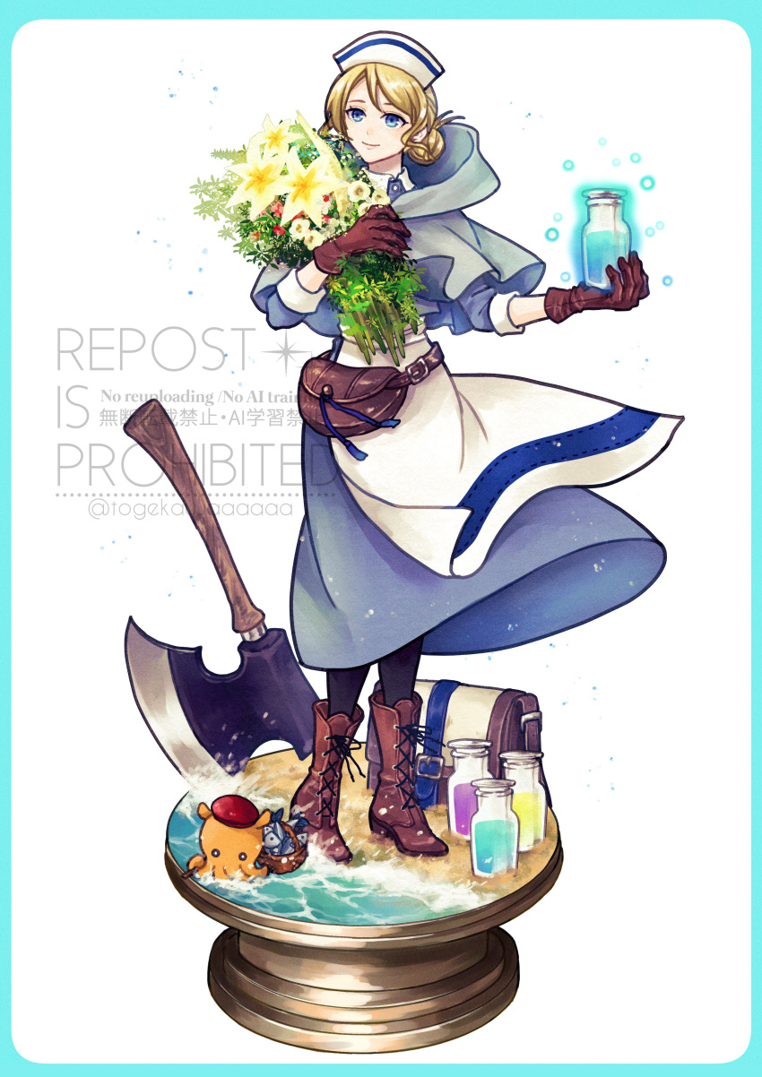 1girl, absurdres, axe, black_pantyhose, blonde_hair, blue_border, blue_dress, blue_eyes