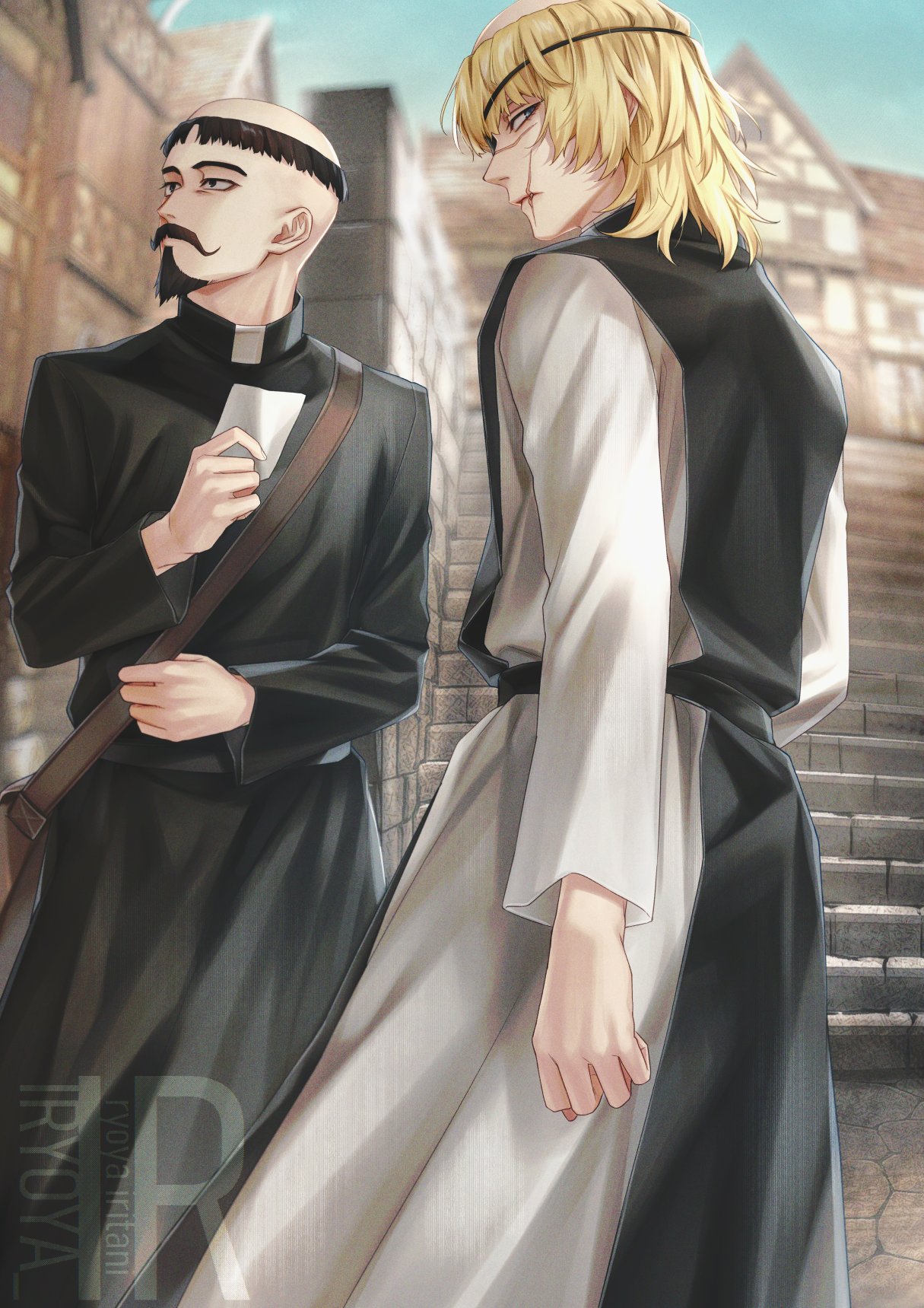 2boys, artist_logo, badeni, bag, black_hair, black_tabard, blonde_hair, brown_bag