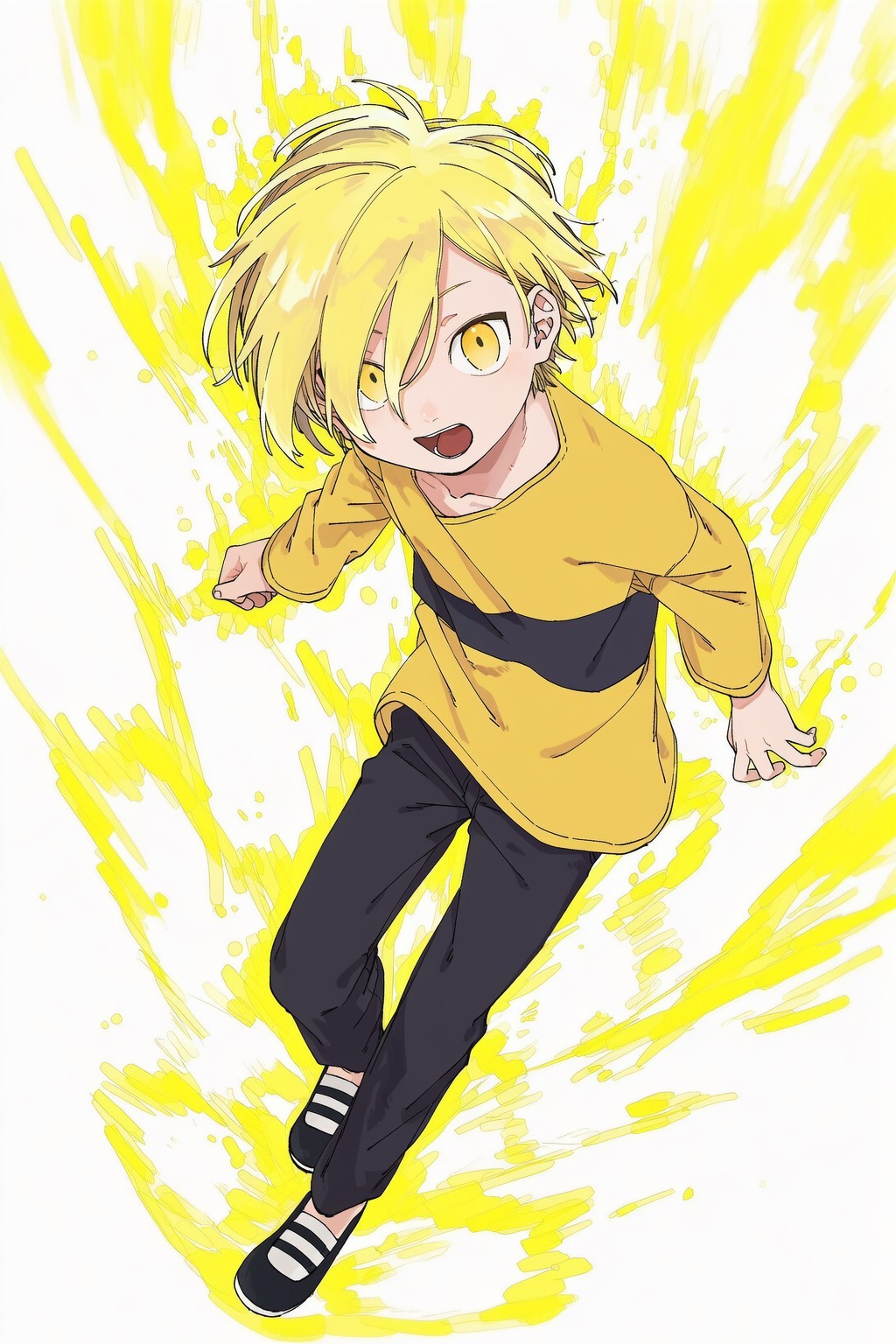 1boy, ai-assisted, aura, black_pants, black_shoes, blaster_(kuku88), blonde_hair, child