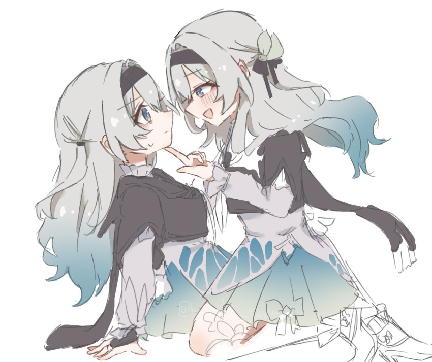 1girl, aqua_dress, black_jacket, black_ribbon, blush, clone, closed_mouth, commentary