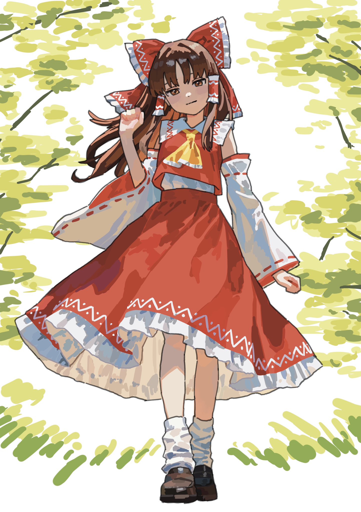 1girl, ascot, bare_shoulders, black_shoes, bow, brown_eyes, brown_hair, clenched_hand