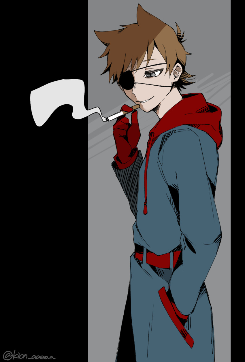 1boy, animification, antenna_hair, belt, blue_coat, brown_hair, cigarette, coat