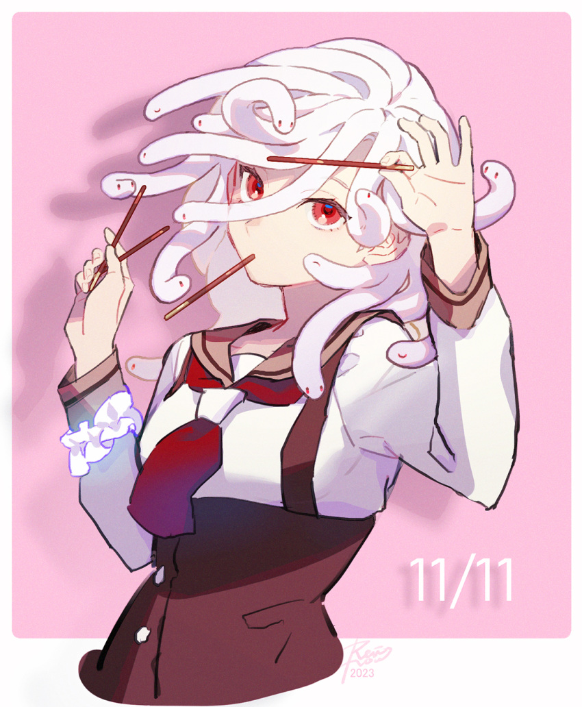 1girl, brown_sailor_collar, commentary_request, food, food_in_mouth, god_nadeko, highres, holding