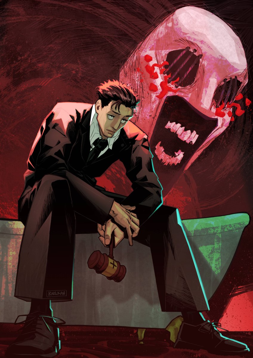 1boy, bathtub, black_hair, black_jacket, black_necktie, black_pants, black_shoes, black_socks, black_suit, closed_mouth, collared_shirt, commentary, english_commentary, gavel, hair_slicked_back, highres, higuruma_hiromi, holding, jacket, judgeman_(jujutsu_kaisen), jujutsu_kaisen, karlkanart, long_sleeves, male_focus, necktie, open_mouth, pants, shirt, shoes, short_hair, sitting, socks, suit, suit_jacket, teeth, white_shirt, wing_collar