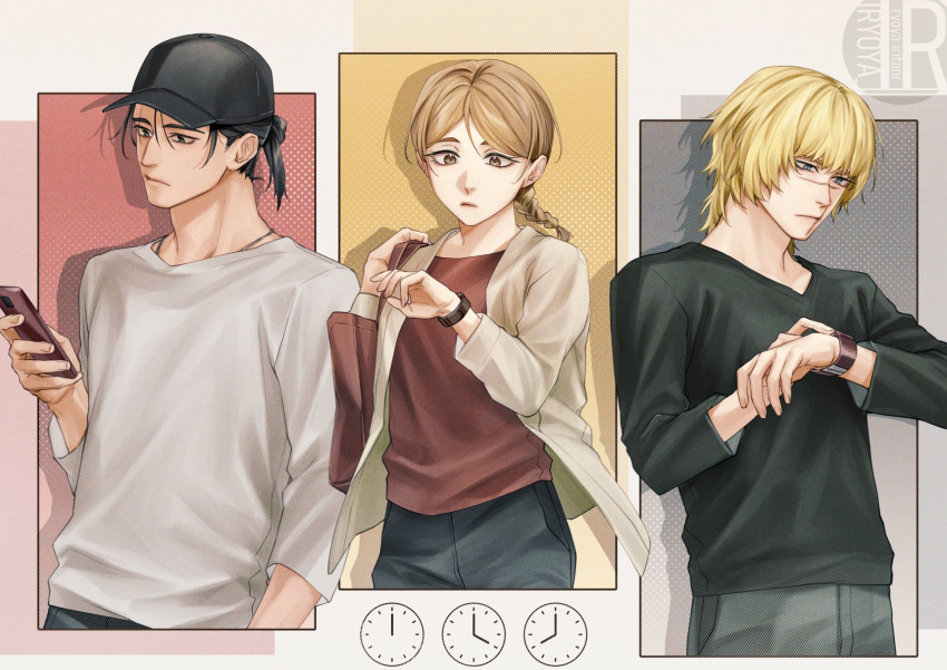 1girl, 2boys, alternate_costume, alternate_hairstyle, artist_logo, badeni, baseball_cap, black_hat, black_shirt, blonde_hair, braid, braided_ponytail, brown_eyes, brown_hair, cellphone, chi.:_chikyuu_no_undou_ni_tsuite, commentary_request, contemporary, denim, hat, highres, holding, holding_phone, iorbtyn, jeans, jewelry, logo, looking_at_watch, medium_hair, multiple_boys, necklace, pants, phone, scar, scar_on_face, scar_on_mouth, scar_on_nose, shirt, smartphone, v-neck, watch, white_shirt