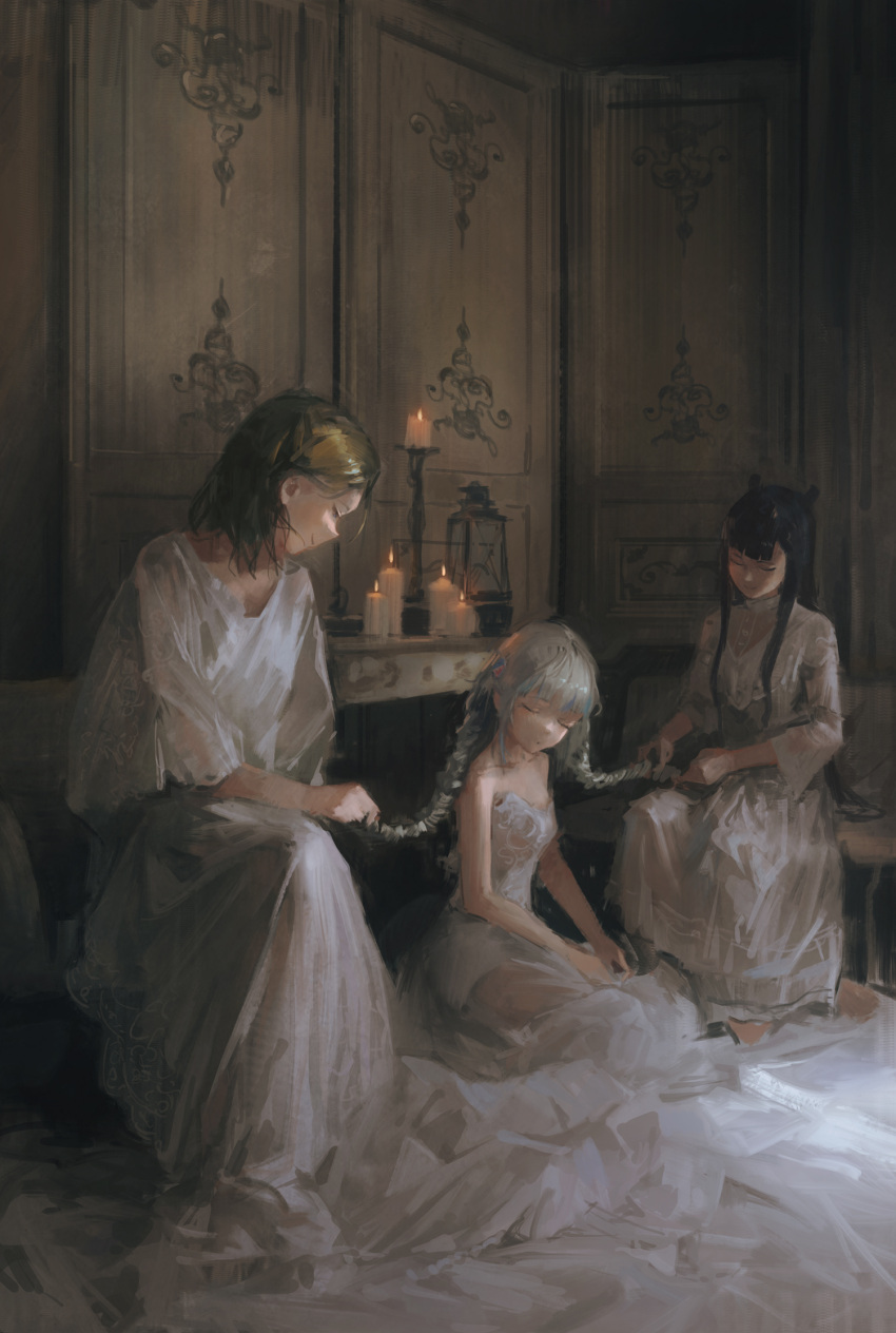 3girls, alternate_costume, blonde_hair, blue_streaks, braid, braided_twintails, candle, candlestand