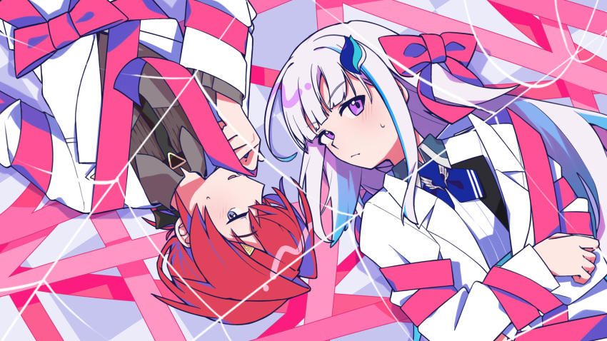 2girls, absurdres, ange_katrina, ange_katrina_(lab_coat), averting_eyes, black_necktie, black_ribbon, blue_eyes