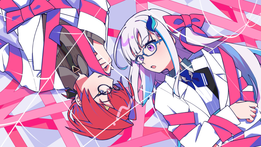 2girls, :o, absurdres, ange_katrina, ange_katrina_(lab_coat), black-framed_eyewear, black_necktie, black_ribbon