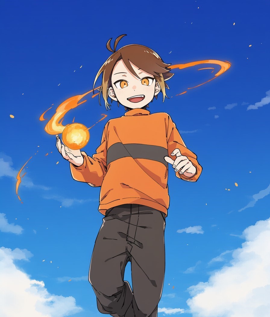 1boy, ai-assisted, black_pants, blue_sky, braker_(kuku88), brown_hair, child, clouds