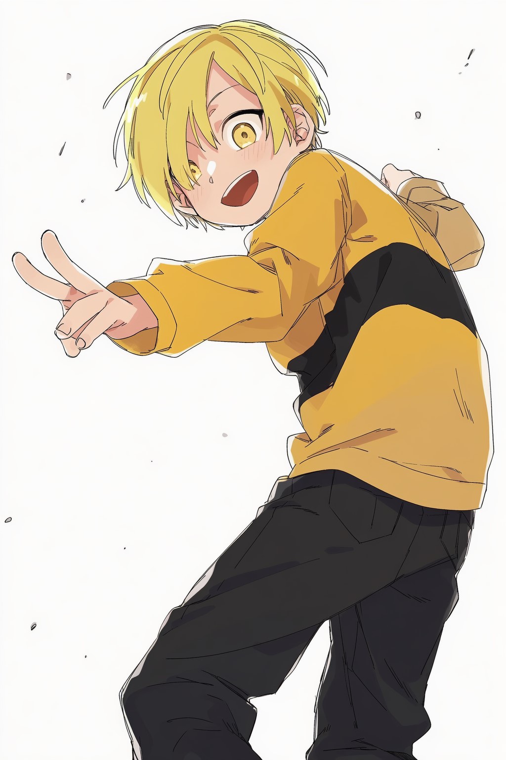1boy, ai-assisted, black_pants, blaster_(kuku88), blonde_hair, child, colokhan, commentary