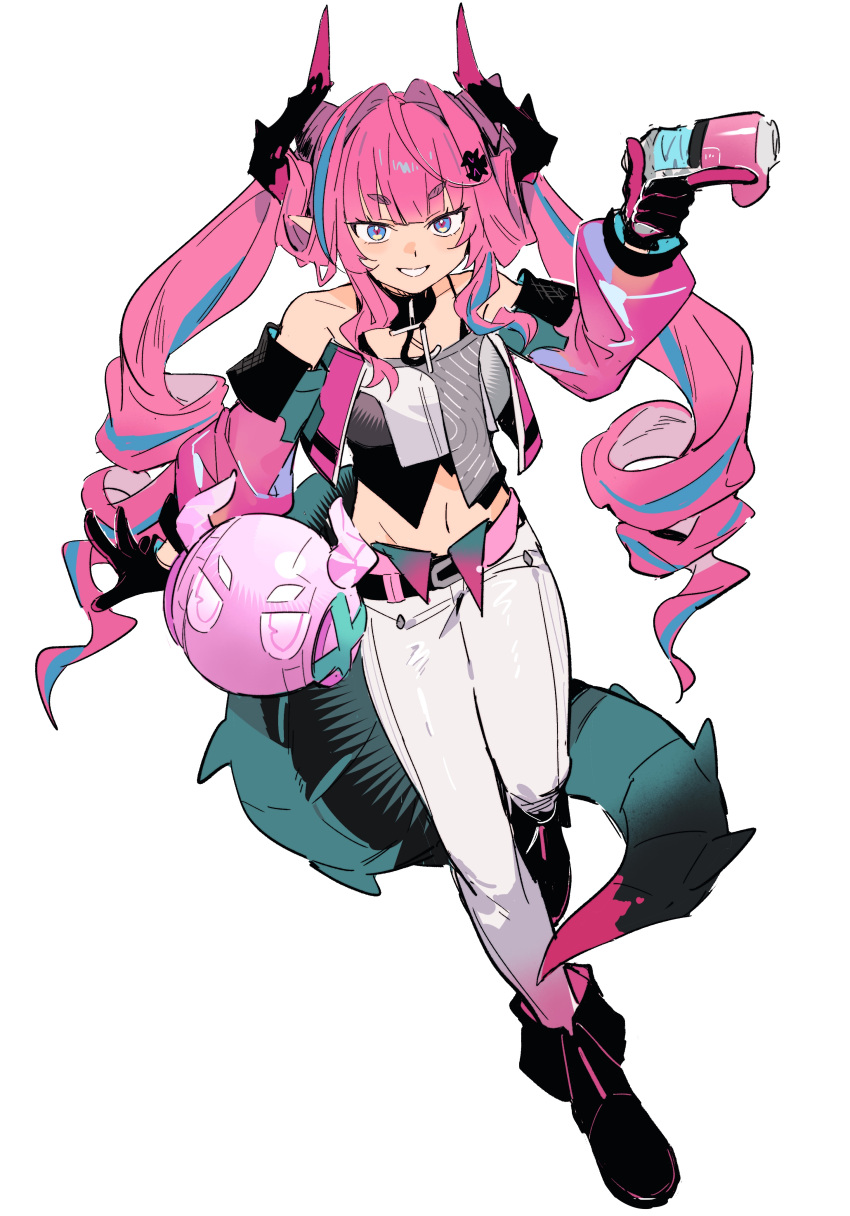 1girl, absurdres, arknights, arknights:_endfield, artzy_tyrannical_(arknights), belt, black_belt, black_horns, black_shoes, buckle, collarbone, crop_top, diamond_in_eye, dopperu_ben, dot_nose, dragon_girl, dragon_horns, dragon_tail, fold-over_boots, full_body, gloves, grin, gun, hair_intakes, hair_on_horn, highres, holding, holding_gun, holding_weapon, horns, jacket, long_hair, looking_at_viewer, midriff, multicolored_gloves, multicolored_horns, navel, off_shoulder, open_clothes, open_jacket, pants, pink_gloves, pink_hair, pink_horns, pink_shrug, pink_sleeves, shoes, shrug_(clothing), simple_background, smile, solo, tail, two-tone_gloves, weapon, white_background, white_pants, yvonne_(arknights)