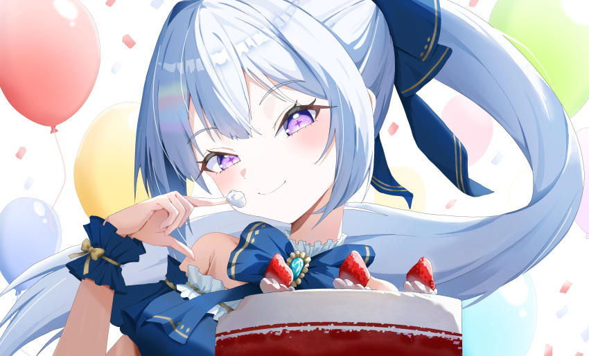 1girl, absurdres, aoba_nene, ayatsuno_yuni, balloon, bare_shoulders, blue_bow, blue_bowtie
