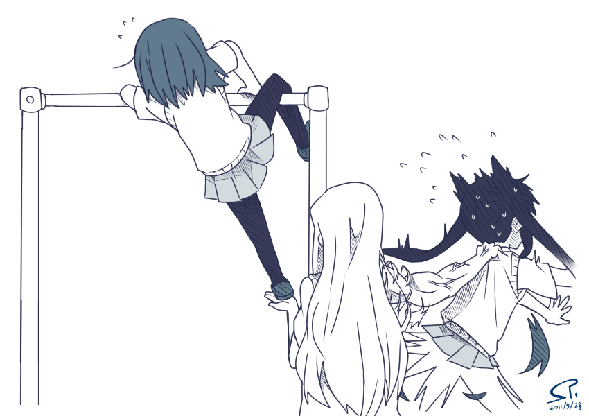 animal_ears, blush, cat_ears, climbing, from_behind, hirasawa_yui, holding, horizontal_bar, k-on!, kotobuki_tsumugi, long_hair, monochrome, multiple_girls, muscle, nakano_azusa, panic, panicking, pantyhose, school_uniform, short_hair, simple_background, skirt, suan_ringo, sweater_vest, veins