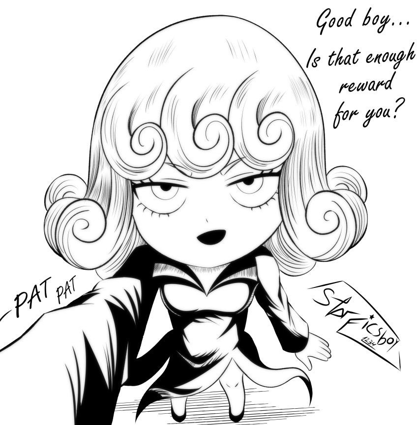 1girl, absurdres, black_dress, breasts, chibi, commentary, curly_hair, dress