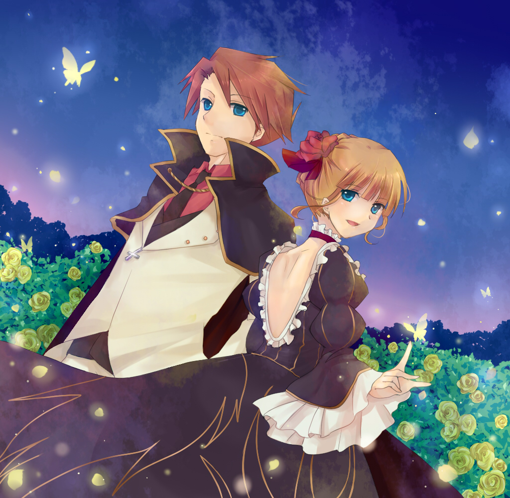 1girl, beatrice, blonde_hair, blue_eyes, butterfly, cape, couple, flower, red_hair, redhead, shiroton, umineko_no_naku_koro_ni, ushiromiya_battler