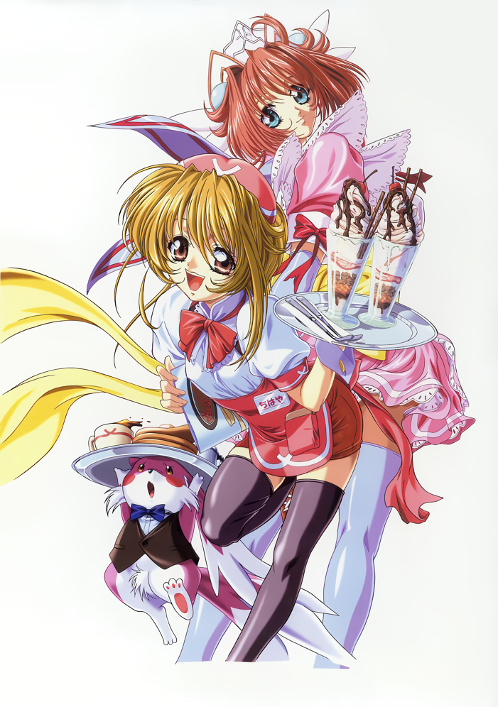 2girls, back_bow, black_thighhighs, blonde_hair, blue_eyes, bow, butter, carmein
