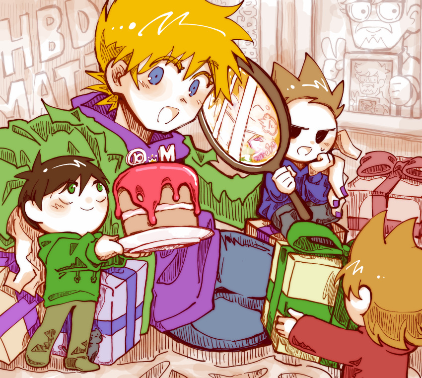 4boys, :d, animification, antenna_hair, birthday, blonde_hair, blue_eyes, blue_hoodie