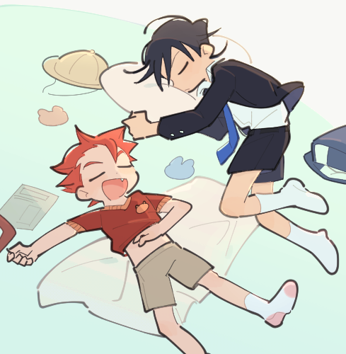 2boys, backpack, bag, black_hair, black_jacket, black_shorts, blanket, buttoned_cuffs