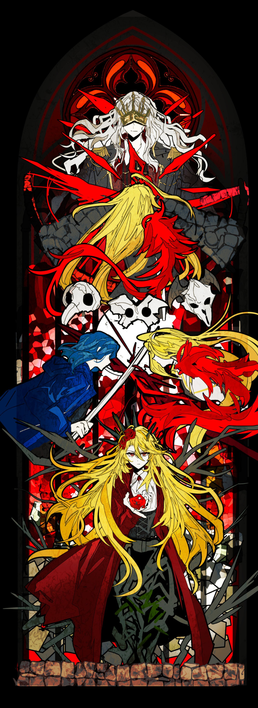 1boy, 2girls, absurdres, ahoge, ascot, bari_(project_moon), black_crown, blonde_hair