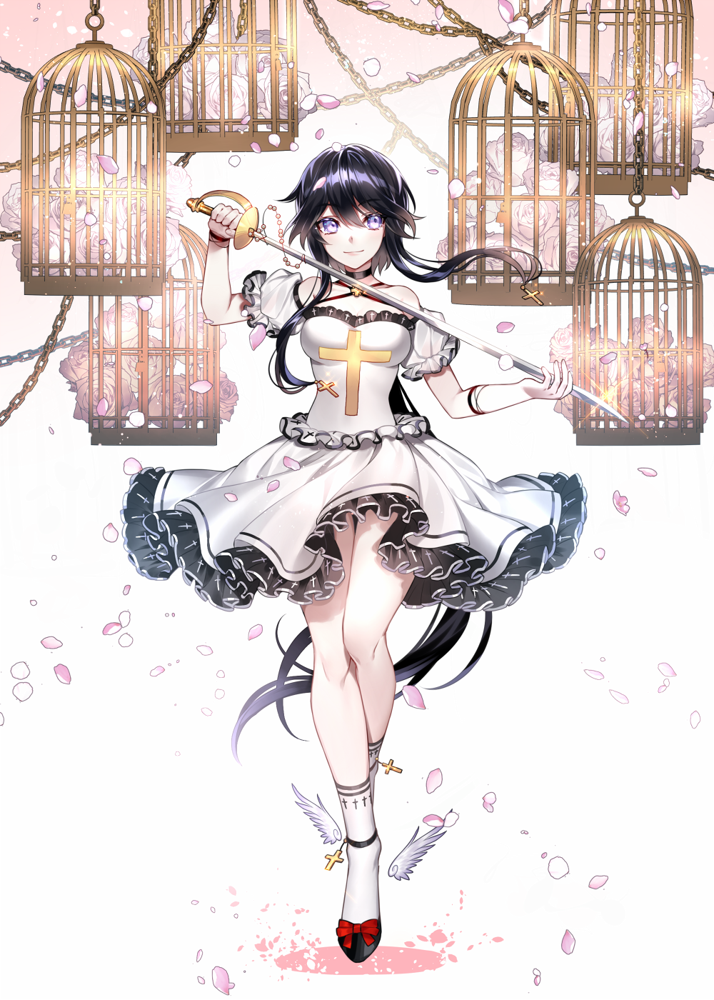 1girl, ankle_socks, bare_arms, bare_legs, bare_shoulders, birdcage, black_choker, black_hair