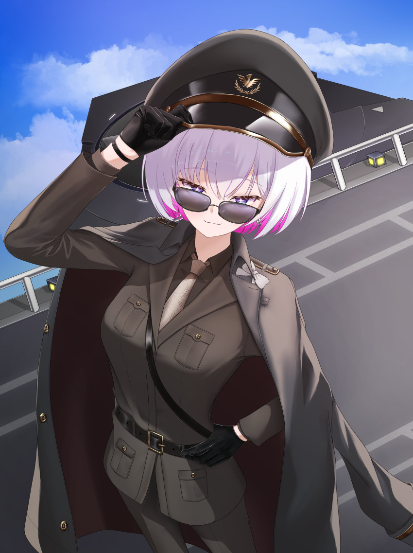 1girl, absurdres, aviator_sunglasses, belt, black_gloves, blue_sky, brown_belt, clouds, coat, coat_on_shoulders, colored_inner_hair, commentary_request, cosplay, f_rando98, gloves, goddess_of_victory:_nikke, hat, highres, jacket, korean_commentary, liliweiss_(nikke), medium_hair, military_hat, military_jacket, military_uniform, multicolored_hair, peaked_cap, shiny_eyes, sky, smile, solo, star-shaped_pupils, star_(symbol), sunglasses, symbol-shaped_pupils, the_legendary_commander_(nikke), the_legendary_commander_(nikke)_(cosplay)