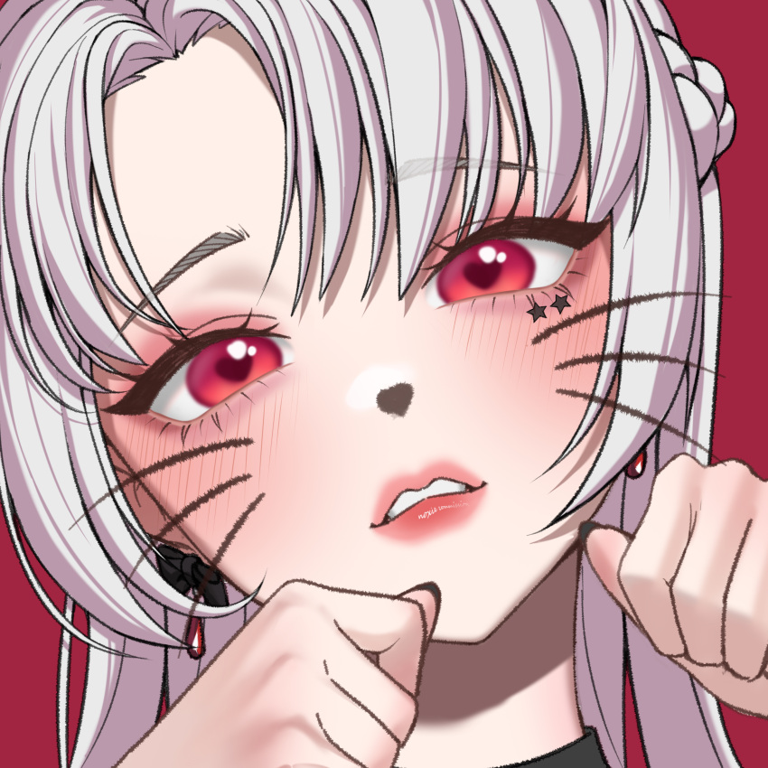 1girl, absurdres, animal_nose, chloria77, commentary_request, commission, drawn_nose, drawn_whiskers, earrings, eyelashes, facial_mark, hands_up, highres, jewelry, lips, long_hair, looking_at_viewer, original, parted_bangs, parted_lips, paw_pose, portrait, red_background, red_eyes, simple_background, solo, star_(symbol), star_facial_mark, white_hair