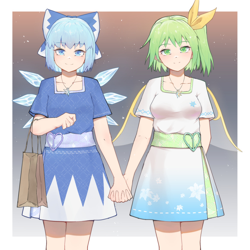 2girls, absurdres, alternate_costume, arm_behind_back, bag, blue_bow, blue_dress, blue_eyes
