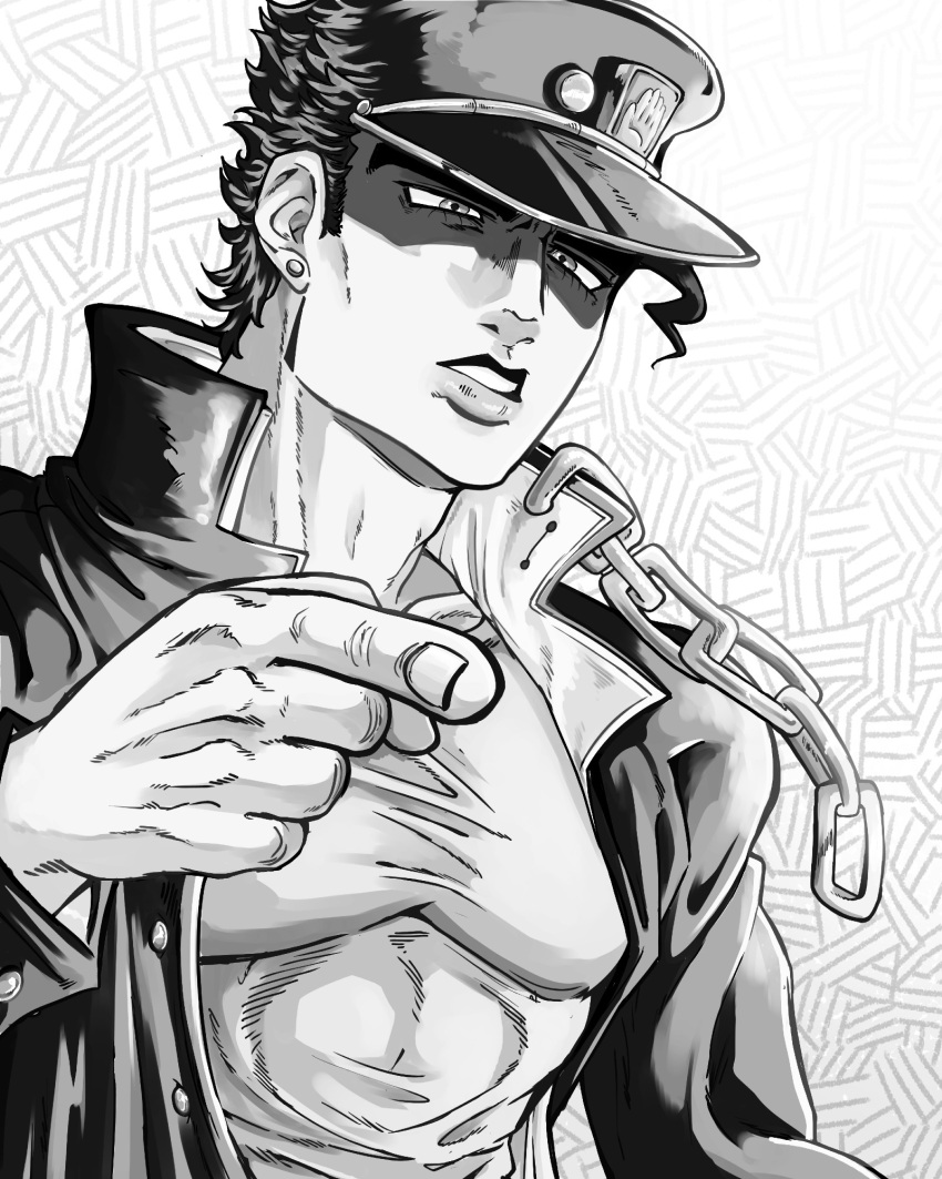 1boy, black_hair, chain, coat, earrings, gakuran, greyscale, hat