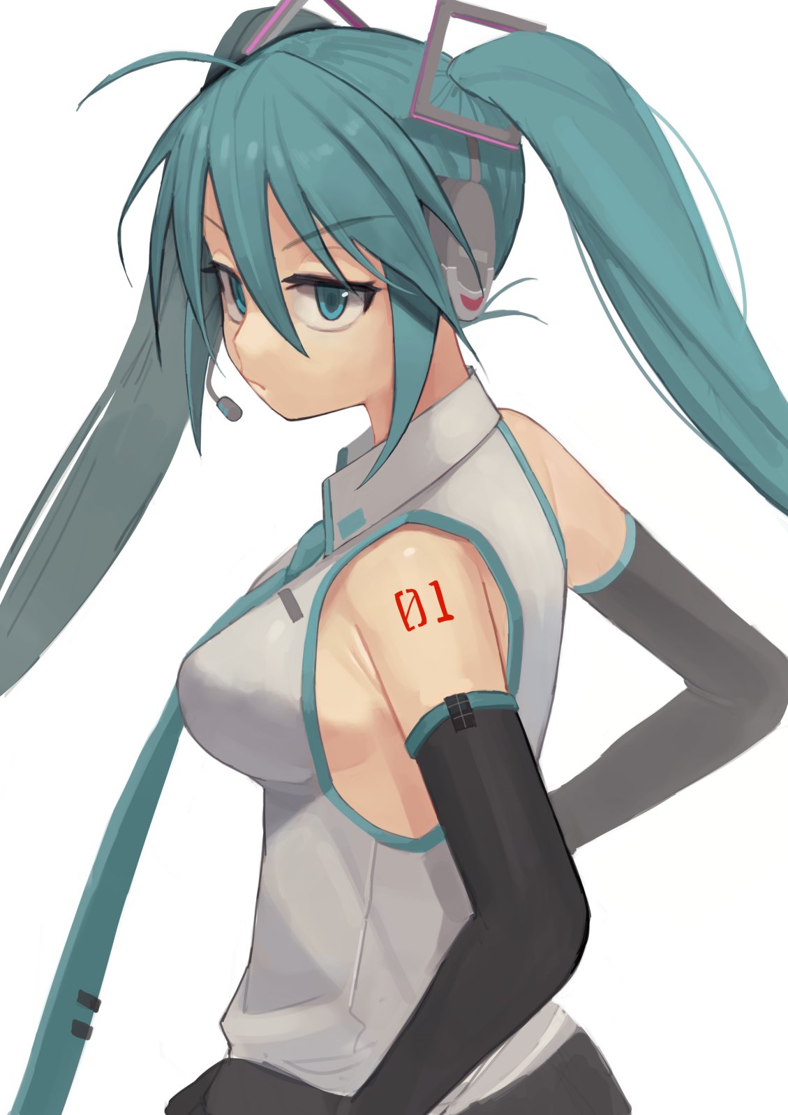 1girl, aqua_eyes, aqua_hair, bare_shoulders, breasts, commentary, detached_sleeves, frown