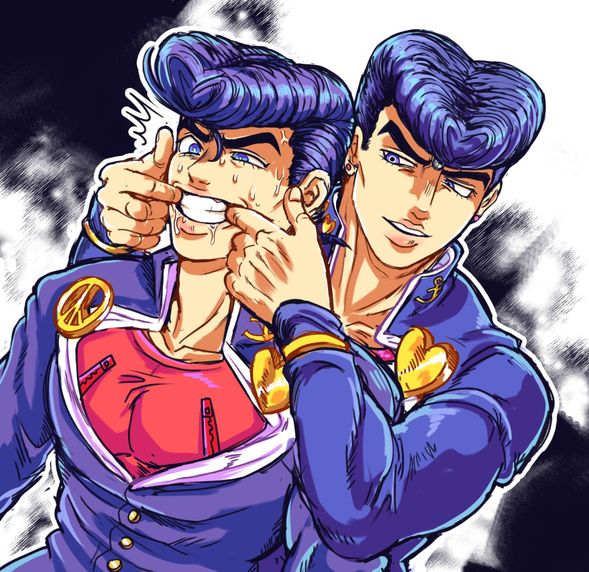 2boys, clone, diamond_wa_kudakenai, drooling, earrings, eyelashes, gakuran, grin