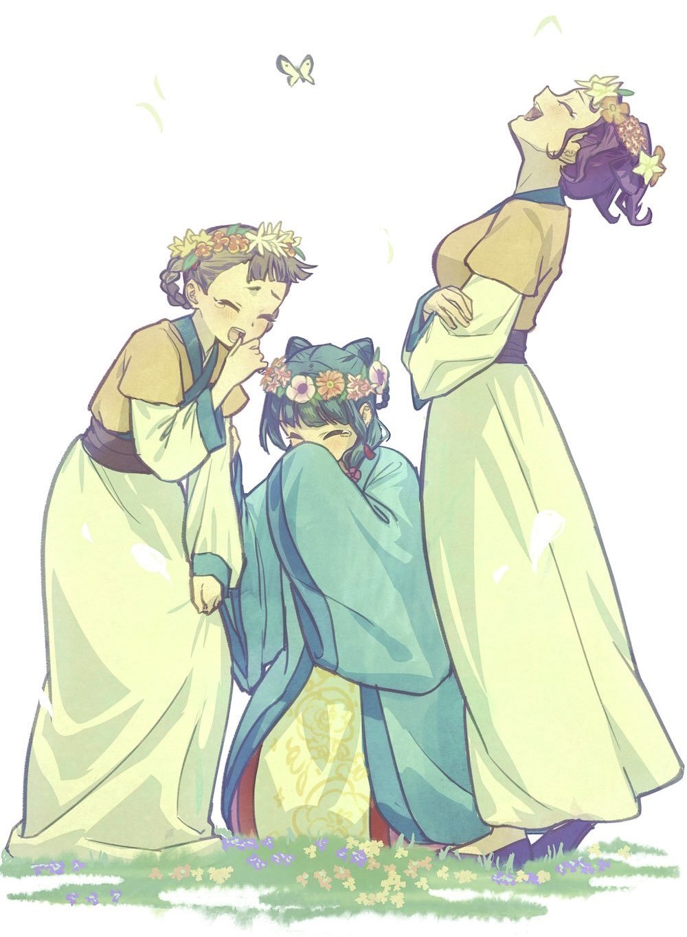 3girls, :o, brown_hair, bug, butterfly, chinese_clothes, closed_eyes, day