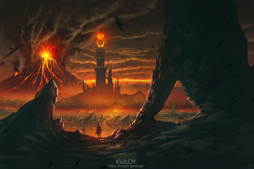 1boy, apocalypse, aragorn, army, artist_logo, artist_name, barad-dur, bow_(weapon)