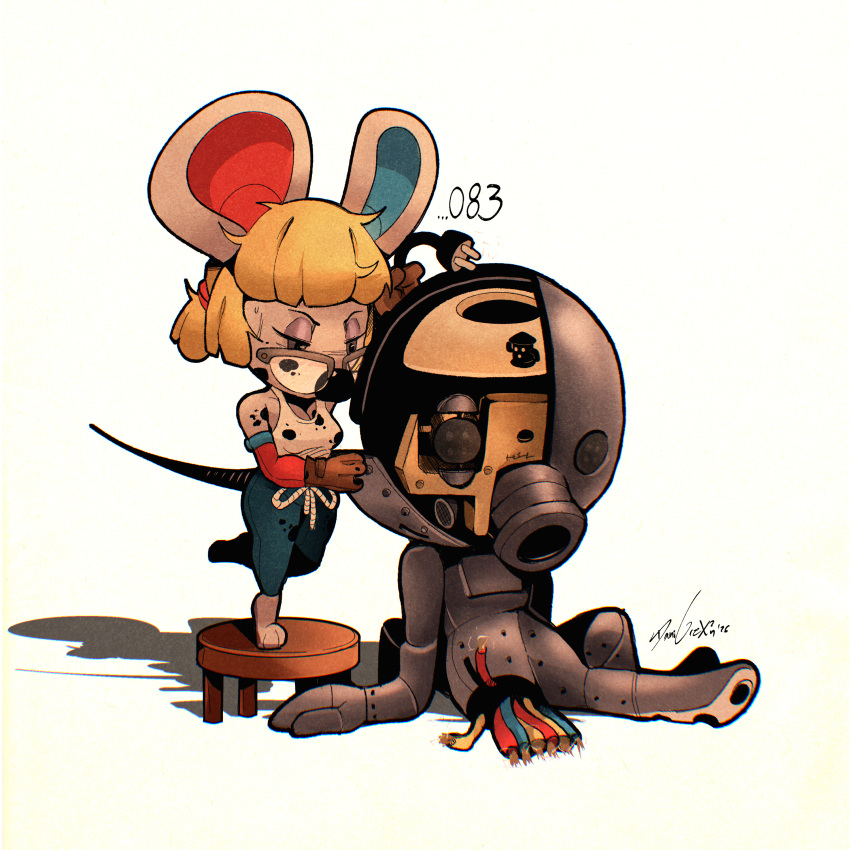 1boy, 1girl, absurdres, animal_crossing, animal_crossing:_new_horizons, blonde_hair, brown_gloves, cephalobot_(animal_crossing)