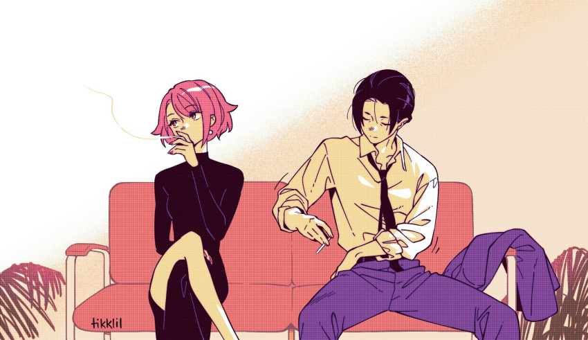 2girls, anna_(drifting_into_summer), belt, black_belt, black_dress, black_hair, black_necktie, cigarette