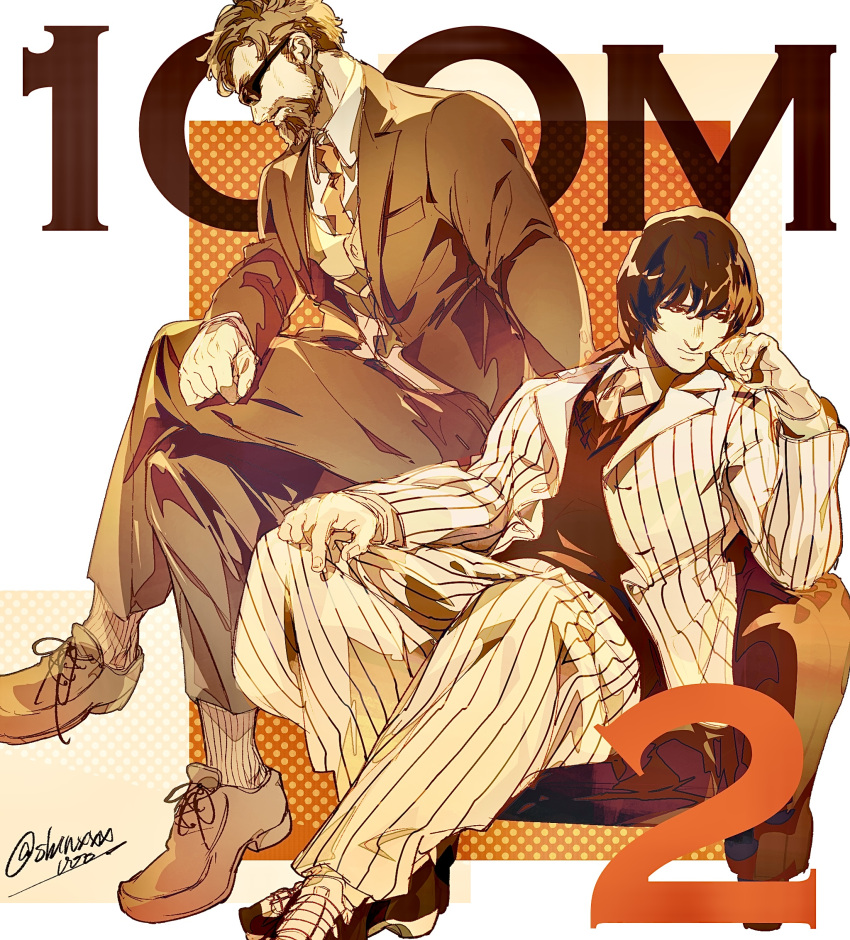 2boys, beard, black_hair, black_shirt, black_suit, commentary_request, copyright_name, cover, cover_page, doujin_cover, facial_hair, highres, hyakuemu, kaidou_(hyakuemu), male_focus, multiple_boys, necktie, shinxxx000, shirt, shoes, sitting, striped_suit, suit, sunglasses, zaitsu_(hyakuemu)