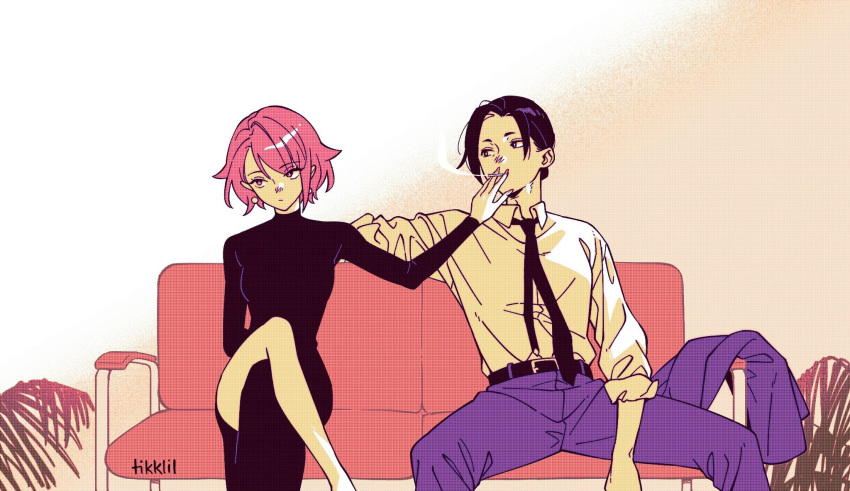 2girls, anna_(drifting_into_summer), arm_rest, belt, black_belt, black_dress, black_hair, black_necktie