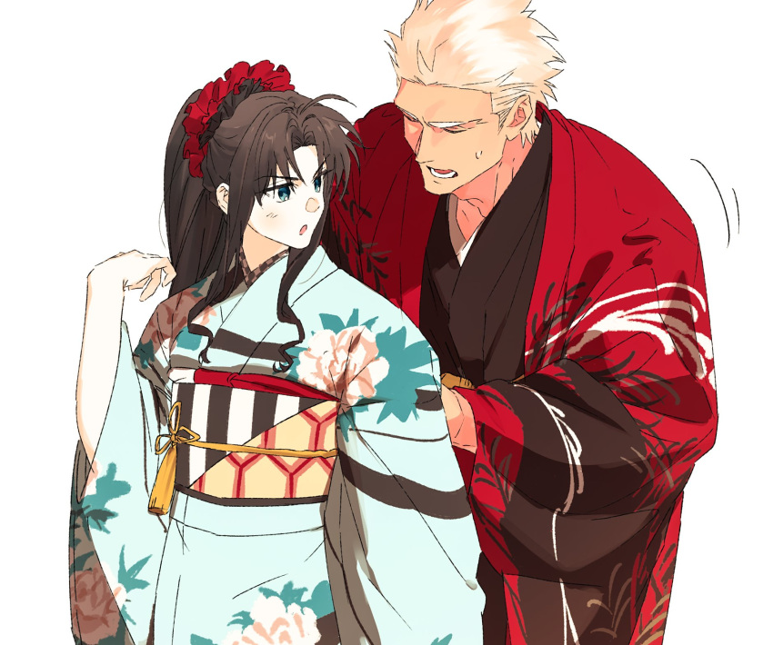 1boy, 1girl, archer_(fate), bare_shoulders, black_kimono, blue_eyes, blue_kimono, brown_hair, closed_eyes, commentary_request, cowboy_shot, dark-skinned_male, dark_skin, fate/stay_night, fate_(series), floral_print, hand_up, haori, headdress, highres, honeycomb_(pattern), japanese_clothes, kimono, korean_commentary, leaf_print, long_hair, long_sleeves, looking_at_another, looking_back, onyajj, open_clothes, open_mouth, red_haori, red_headdress, ribbon, sash, sidelocks, simple_background, spiky_hair, standing, striped_sash, sweatdrop, tassel, teeth, tohsaka_rin, tongue, v-shaped_eyebrows, wavy_hair, white_background, white_hair, white_sash, wide_sleeves, yellow_ribbon, yellow_sash, yukata