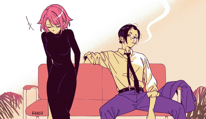 2girls, anna_(drifting_into_summer), arm_rest, belt, bench, black_belt, black_dress, black_hair