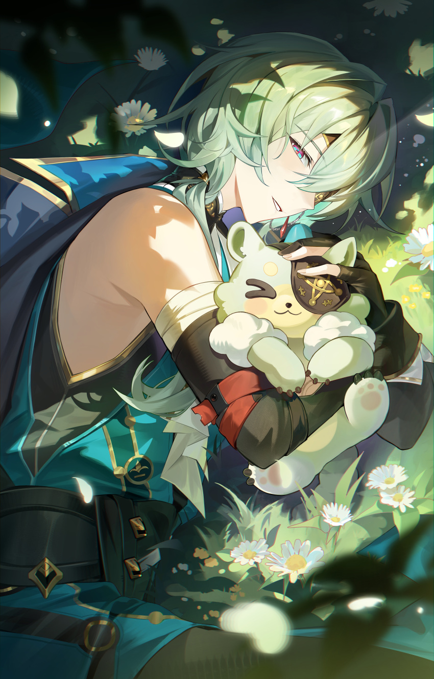 >_<, 1boy, absurdres, anaxa_(honkai:_star_rail), anaxa_(nanus)_(honkai:_star_rail), animal, black_gloves, black_pants