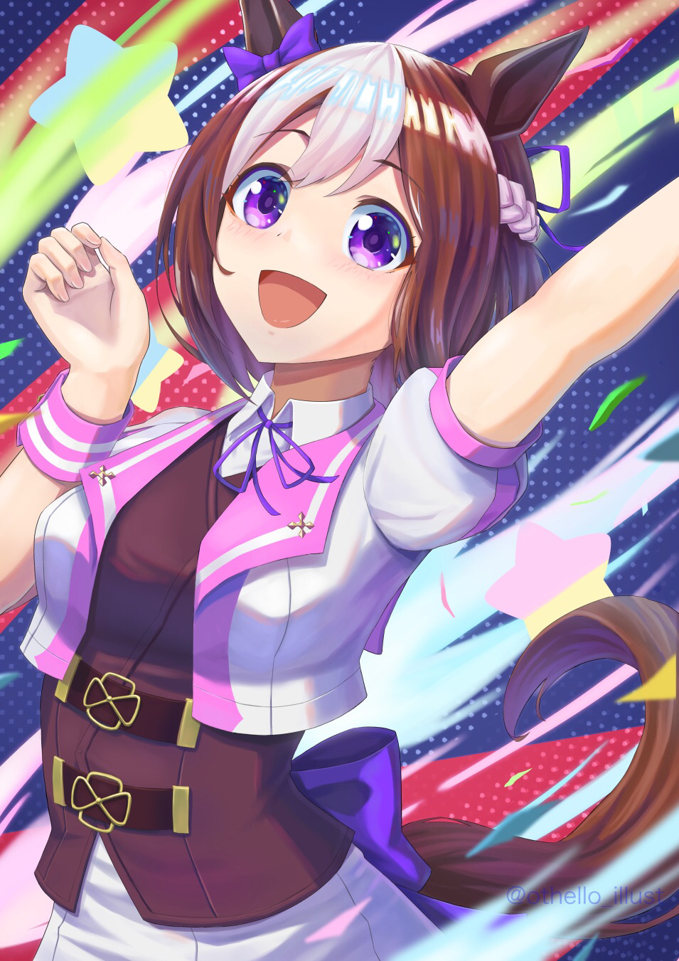 1girl, animal_ears, blush, bow, braid, brown_hair, collared_shirt, commentary_request, cropped_jacket, ear_bow, ear_ribbon, half_up_braid, highres, horse_ears, horse_girl, horse_tail, jacket, looking_at_viewer, multicolored_hair, neck_ribbon, open_mouth, othello_katze, purple_bow, purple_ribbon, purple_vest, ribbon, shirt, short_hair, short_sleeves, skirt, smile, special_week_(special_dreamer)_(umamusume), special_week_(umamusume), star_(symbol), tail, two-tone_hair, umamusume, vest, violet_eyes, white_hair, white_jacket, white_shirt, white_skirt, wristband