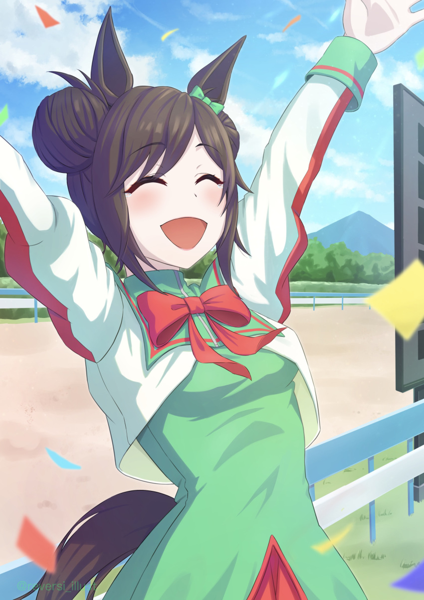 1girl, absurdres, animal_ears, arms_up, black_hair, blue_sky, blush, bow
