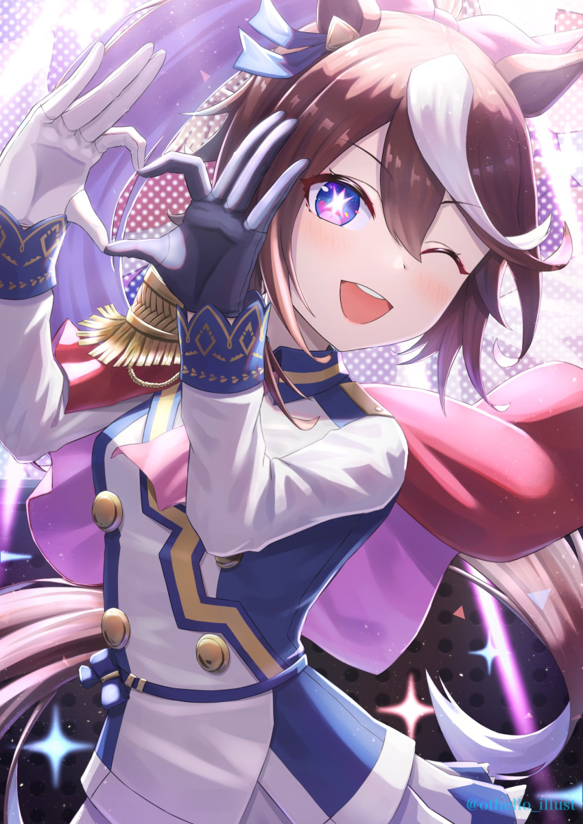 1girl, animal_ears, ascot, asymmetrical_gloves, black_gloves, blue_eyes, blush, brown_hair